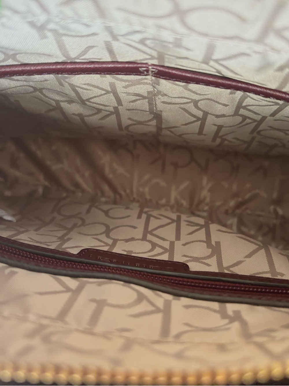 Calvin Klein Beige Monogram Tote with Burgundy Trim - Picture 6 of 7